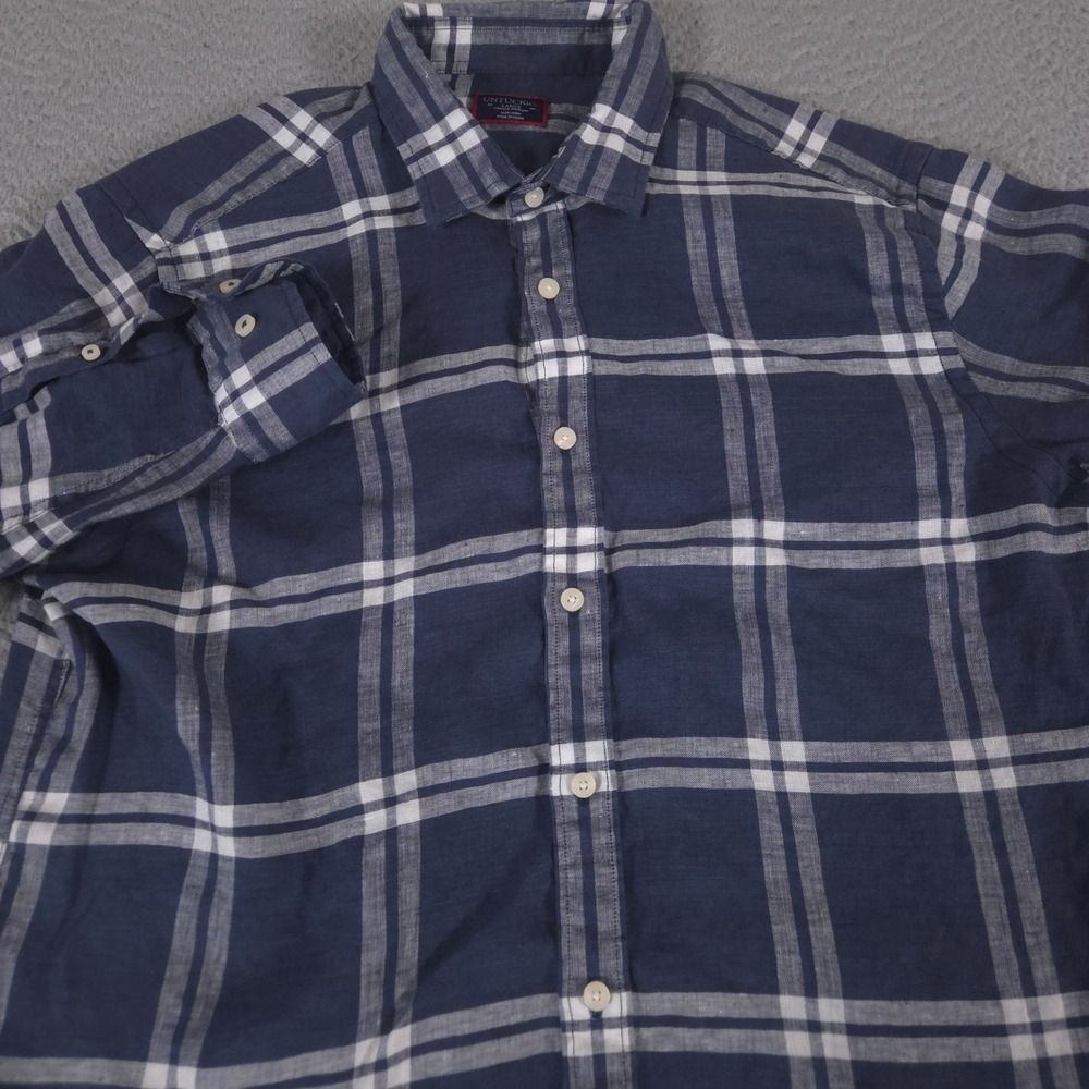UNTUCKit Shirt Mens Large Navy Ovada Wrinkle-Resistant Linen Plaid Button Down‎